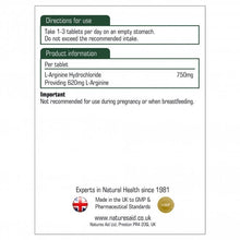 Load image into Gallery viewer, Natures Aid L-Arginine HCl 750mg 90 Tablets